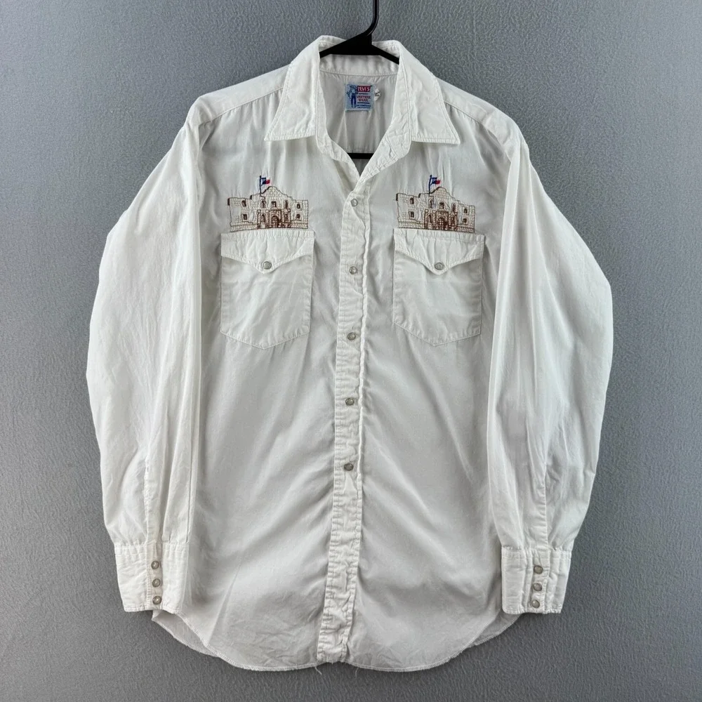 Vintage 60s Levis Western Wear Shirt Mens 15 x 32 White Cotton Pearl Snap Alamo